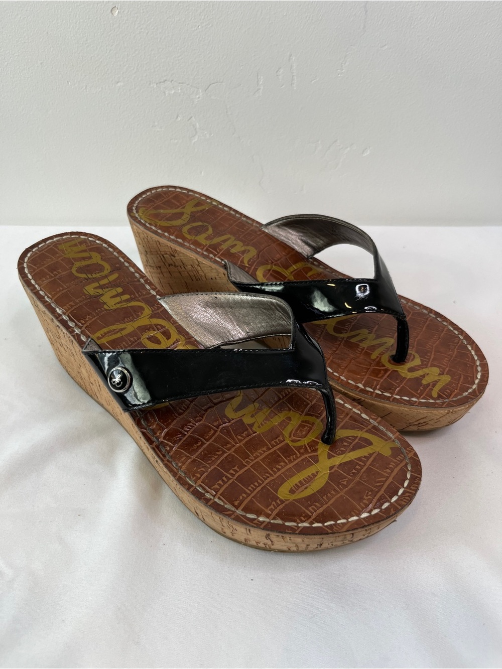 Sam Edelman Romy Black Patent Cork Wedge Platform Thong Sandals Womens 8.5 M